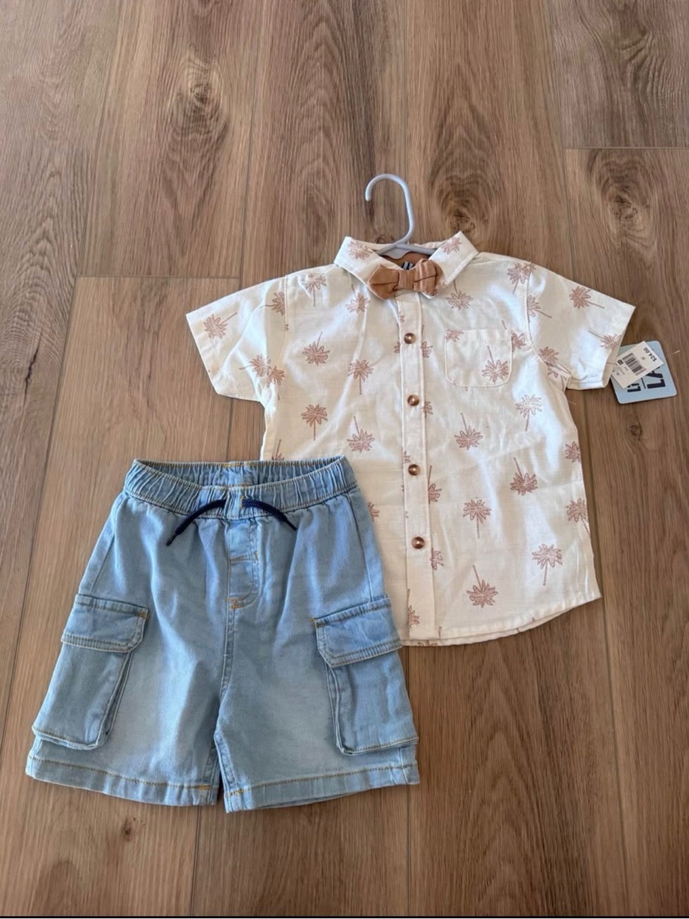 Little Lad Boys Light Palm Print Button Shirt & Denim Cargo Shorts Set